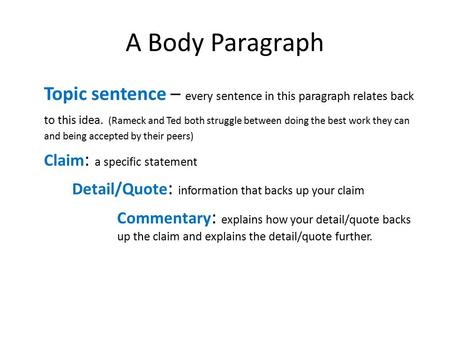 A Body Paragraph Topic sentence – every sentence in this paragraph relates back to this idea. (Rameck and Ted both struggle between doing the best work.