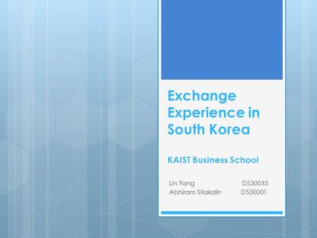 Exchange Experience in South Korea KAIST Business School Lin Yang D530035 Abhiram Sitakalin D530001.