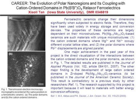 CAREER: The Evolution of Polar Nanoregions and Its Coupling with Cation-Ordered Domains in Pb(B'B'')O 3 Relaxor Ferroelectrics Xiaoli Tan (Iowa State University),
