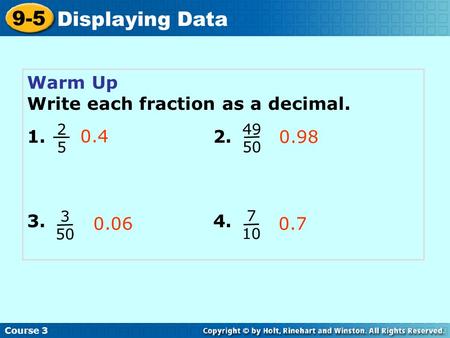 Warm Up Write each fraction as a decimal. 1. 2. 3. 4. 0.4 0.060.7 Course 3 9-5 Displaying Data 0.98 2525 49 50 3 50 7 10.