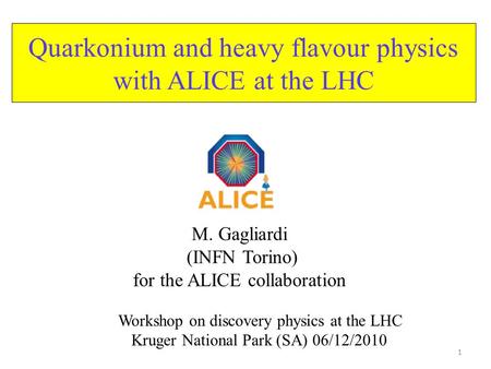 Quarkonium and heavy flavour physics with ALICE at the LHC M. Gagliardi (INFN Torino) for the ALICE collaboration 1 Workshop on discovery physics at the.