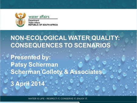 NON-ECOLOGICAL WATER QUALITY: CONSEQUENCES TO SCENARIOS Presented by: Patsy Scherman Scherman Colloty & Associates 3 April 2014.