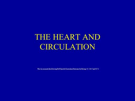 THE HEART AND CIRCULATION This lesson meets the following DoE Specific Curriculum Outcomes for Biology 11: 116-7 and 317-1.
