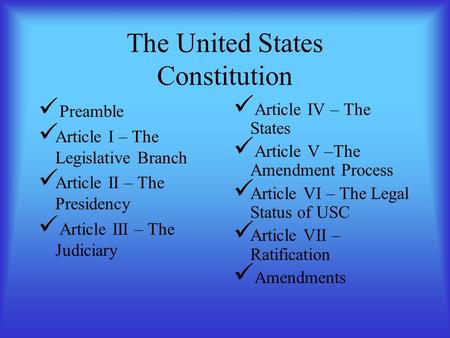 The United States Constitution Preamble Article I – The Legislative Branch Article II – The Presidency Article III – The Judiciary Article IV – The States.