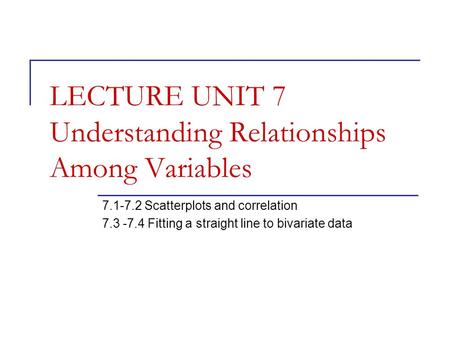LECTURE UNIT 7 Understanding Relationships Among Variables 7.1-7.2 Scatterplots and correlation 7.3 -7.4 Fitting a straight line to bivariate data.