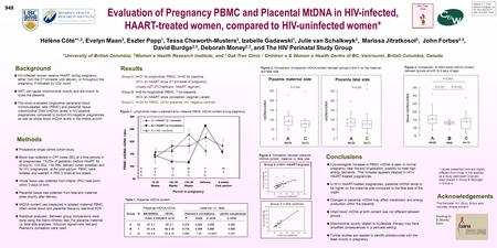 Evaluation of Pregnancy PBMC and Placental MtDNA in HIV-infected, HAART-treated women, compared to HIV-uninfected women* Hélène Côté* 1,2, Evelyn Maan.