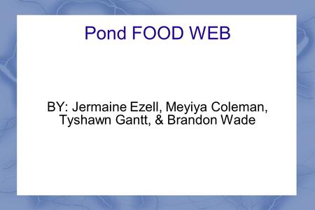 Pond FOOD WEB BY: Jermaine Ezell, Meyiya Coleman, Tyshawn Gantt, & Brandon Wade.