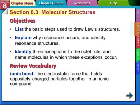 Section 8.3 Molecular Structures List the basic steps used to draw Lewis structures. ionic bond: the electrostatic force that holds oppositely charged.