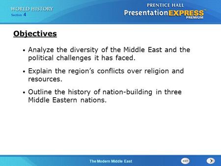 Objectives Analyze the diversity of the Middle East and the political challenges it has faced. Explain the region’s conflicts over religion and resources.