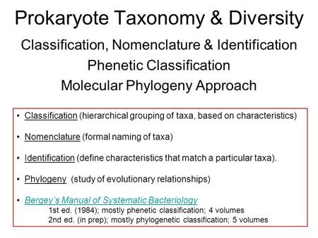 Prokaryote Taxonomy & Diversity Classification, Nomenclature & Identification Phenetic Classification Molecular Phylogeny Approach Classification (hierarchical.