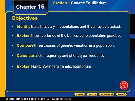 Chapter 16 Objectives Section 1 Genetic Equilibrium