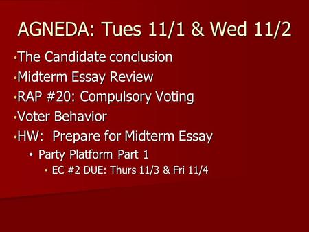 The Candidate conclusion The Candidate conclusion Midterm Essay Review Midterm Essay Review RAP #20: Compulsory Voting RAP #20: Compulsory Voting Voter.