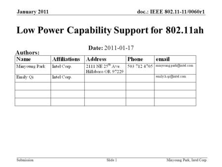 Doc.: IEEE 802.11-11/0060r1 Submission January 2011 Minyoung Park, Intel Corp.Slide 1 Low Power Capability Support for 802.11ah Date: 2011-01-17 Authors: