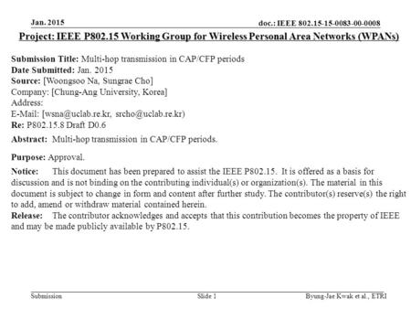Doc.: IEEE 802.15-15-0083-00-0008 Submission Jan. 2015 Byung-Jae Kwak et al., ETRISlide 1 Project: IEEE P802.15 Working Group for Wireless Personal Area.