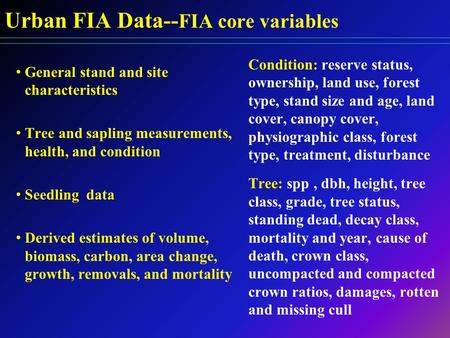Urban FIA Data-- FIA core variables General stand and site characteristics Tree and sapling measurements, health, and condition Seedling data Derived estimates.