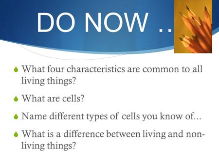 DO NOW … What four characteristics are common to all living things?