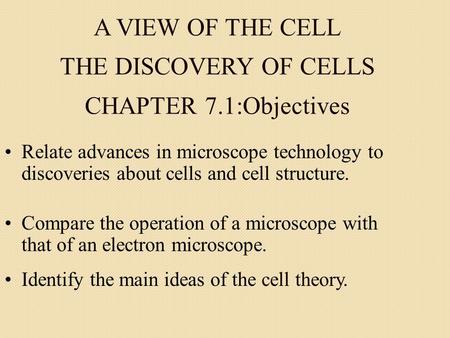 A VIEW OF THE CELL THE DISCOVERY OF CELLS CHAPTER 7.1:Objectives