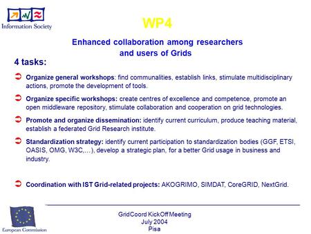 GridCoord KickOff Meeting July 2004 Pisa WP4 Enhanced collaboration among researchers and users of Grids 4 tasks:  Organize general workshops: find communalities,