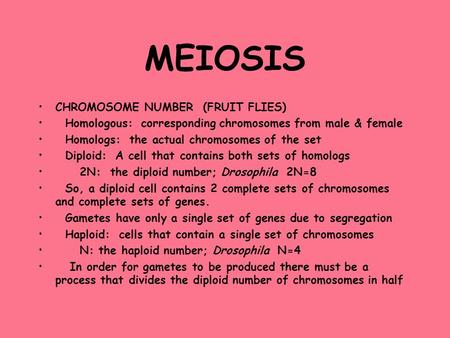 MEIOSIS CHROMOSOME NUMBER (FRUIT FLIES) Homologous: corresponding chromosomes from male & female Homologs: the actual chromosomes of the set Diploid: