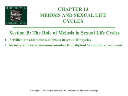 CHAPTER 13 MEIOSIS AND SEXUAL LIFE CYCLES Copyright © 2002 Pearson Education, Inc., publishing as Benjamin Cummings Section B: The Role of Meiosis in Sexual.