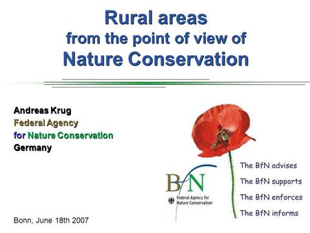 Rural areas from the point of view of Nature Conservation Andreas Krug Federal Agency for Nature Conservation Germany Bonn, June 18th 2007.