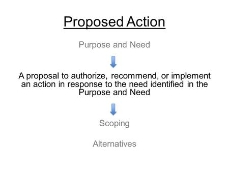 Proposed Action Purpose and Need A proposal to authorize, recommend, or implement an action in response to the need identified in the Purpose and Need.