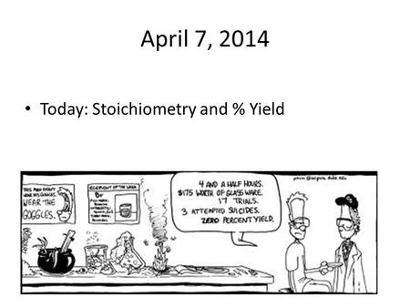 April 7, 2014 Today: Stoichiometry and % Yield. Percent Yield Remember, stoichiometry is used to tell you how much product you can form from X amount.