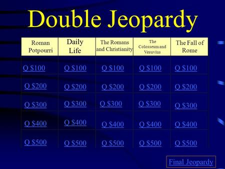 Double Jeopardy Roman Potpourri Daily Life The Romans and Christianity The Colosseum and Vesuvius The Fall of Rome Q $100 Q $200 Q $300 Q $400 Q $500.