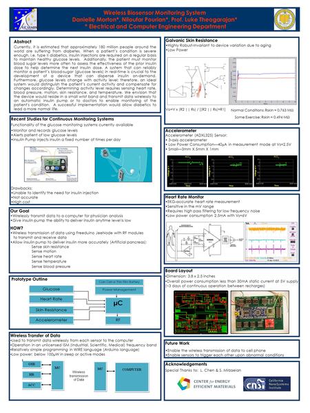 Wireless Biosensor Monitoring System Danielle Morton*, Niloufar Pourian*, Prof. Luke Theogarajan* * Electrical and Computer Engineering Department Abstract.