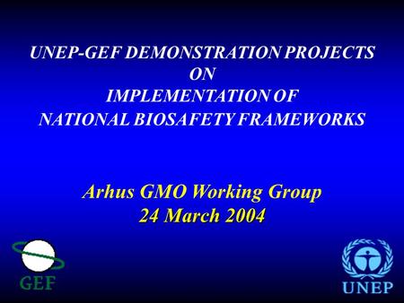 UNEP-GEF DEMONSTRATION PROJECTS ON IMPLEMENTATION OF NATIONAL BIOSAFETY FRAMEWORKS Arhus GMO Working Group 24 March 2004.