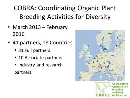 COBRA: Coordinating Organic Plant Breeding Activities for Diversity March 2013 – February 2016 41 partners, 18 Countries  31 Full partners  10 Associate.