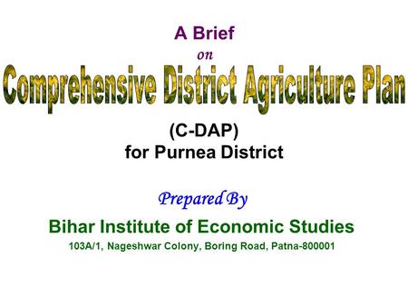 A Brief on (C-DAP) for Purnea District Prepared By Bihar Institute of Economic Studies 103A/1, Nageshwar Colony, Boring Road, Patna-800001.
