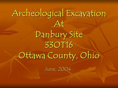 Archeological Excavation At Danbury Site 33OT16 Ottawa County, Ohio June, 2004.