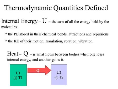 Thermodynamic Quantities Defined Internal Energy = U = the sum of all the energy held by the molecules: * the PE stored in their chemical bonds, attractions.