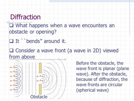 Diffraction What happens when a wave encounters an obstacle or opening? It ``bends’’ around it. Consider a wave front (a wave in 2D) viewed from above.