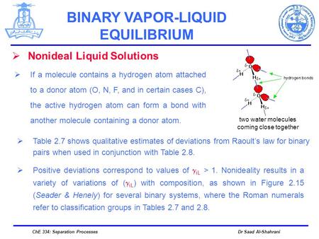 Dr Saad Al-ShahraniChE 334: Separation Processes  Nonideal Liquid Solutions  If a molecule contains a hydrogen atom attached to a donor atom (O, N, F,