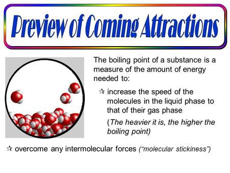 The boiling point of a substance is a measure of the amount of energy needed to:  increase the speed of the molecules in the liquid phase to that of.