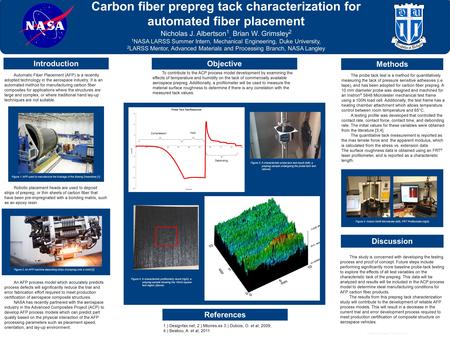Www.postersession.com Carbon fiber prepreg tack characterization for automated fiber placement Nicholas J. Albertson 1, Brian W. Grimsley 2 1 NASA LARSS.