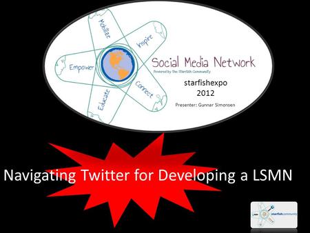 Navigating Twitter for Developing a LSMN starfishexpo 2012 Presenter: Gunnar Simonsen.