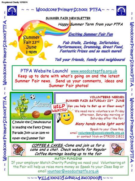 Chewie the Chewitsaurus is leading the Fancy Dress Parade Join us at 1pm to open the Summer Fair ~ ~ ~ Woodcote Primary School PTFA ~ ~ ~ ~ ~ Woodcote.