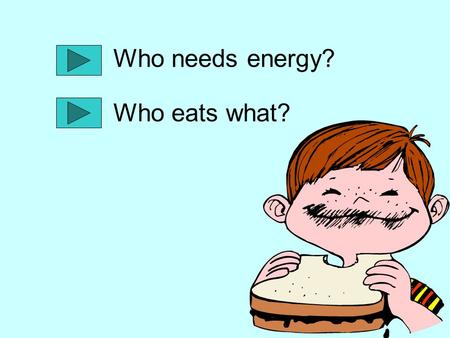 Who needs energy? Who eats what?. Have you ever heard someone say that you are full of energy? All living things need energy to survive. Where do you.