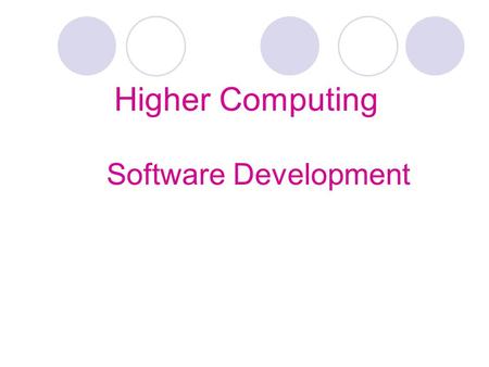 Higher Computing Software Development. Software Development Process There are 7 main stages involved in developing a new software program: Analysis Design.
