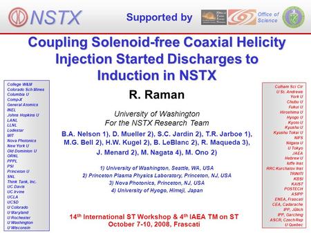 Coupling Solenoid-free Coaxial Helicity Injection Started Discharges to Induction in NSTX Office of Science R. Raman University of Washington For the NSTX.