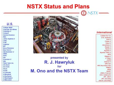 NSTX Status and Plans College W&M Colorado Sch Mines Columbia U Comp-X General Atomics INEL Johns Hopkins U LANL LLNL Lodestar MIT Nova Photonics New York.
