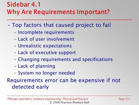 Pfleeger and Atlee, Software Engineering: Theory and PracticePage 4.1 © 2006 Pearson/Prentice Hall Sidebar 4.1 Why Are Requirements Important? Top factors.
