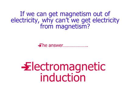 If we can get magnetism out of electricity, why can’t we get electricity from magnetism? TThe answer……………….. EElectromagnetic induction.