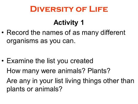 Diversity of Life Activity 1