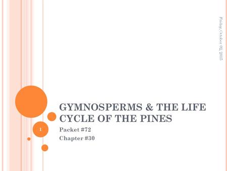 GYMNOSPERMS & THE LIFE CYCLE OF THE PINES Packet #72 Chapter #30 Friday, October 02, 2015 1.