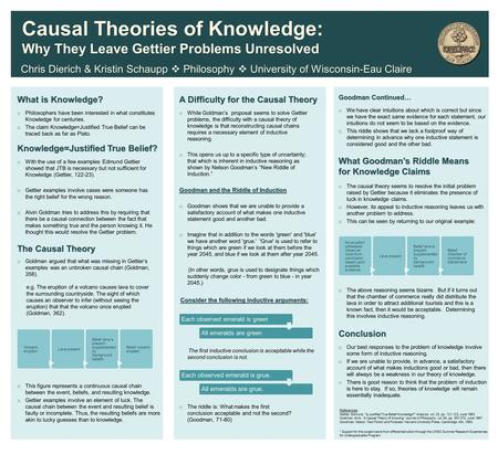 What is Knowledge? Knowledge=Justified True Belief? The Causal Theory What Goodman’s Riddle Means for Knowledge Claims Chris Dierich & Kristin Schaupp.