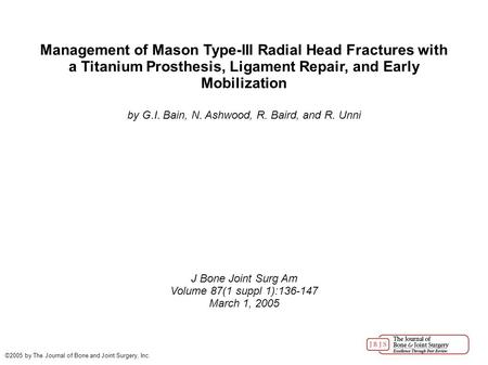 Management of Mason Type-III Radial Head Fractures with a Titanium Prosthesis, Ligament Repair, and Early Mobilization by G.I. Bain, N. Ashwood, R. Baird,